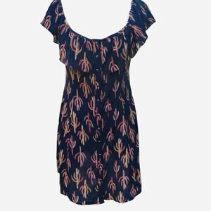 Gypsies & Wondrous Navy Cactus Print Ruffle-Neck Mini Dress  Size L  Button Fron